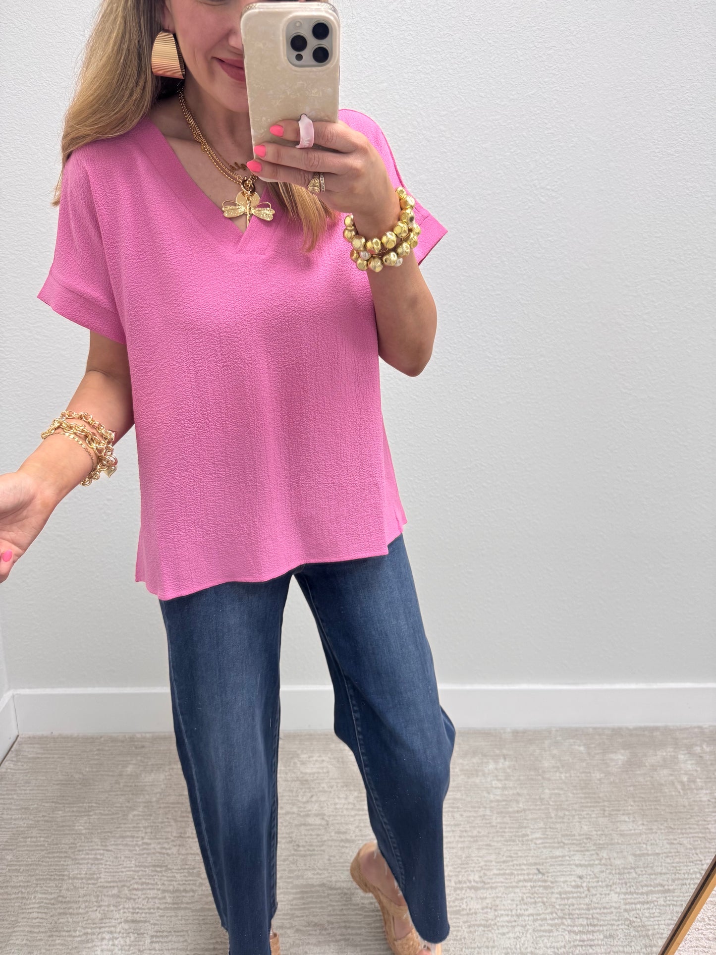 Light Mauve Crinkle Texture V-Neck Top