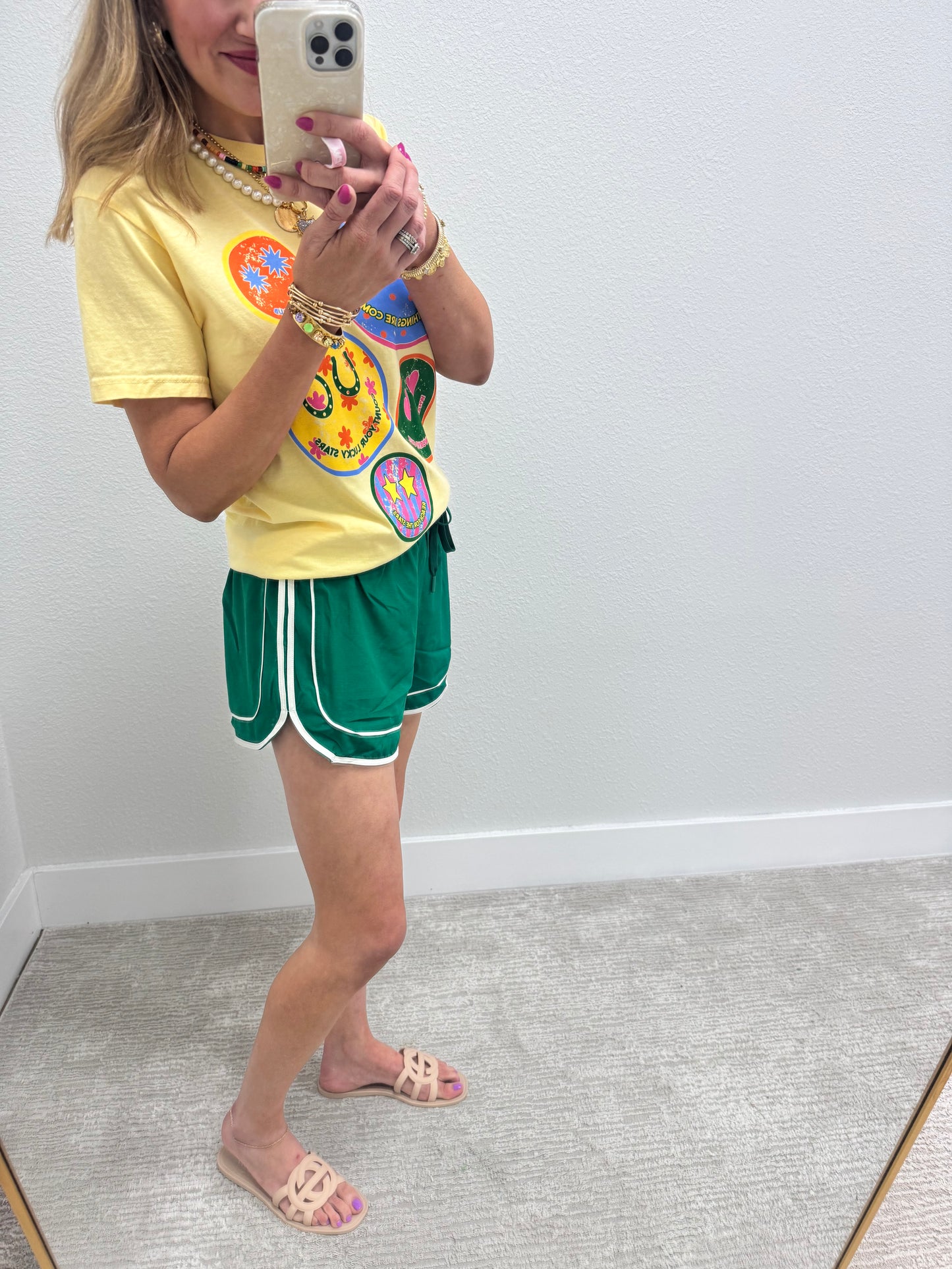 Green Athletic Shorts with Piping Detail