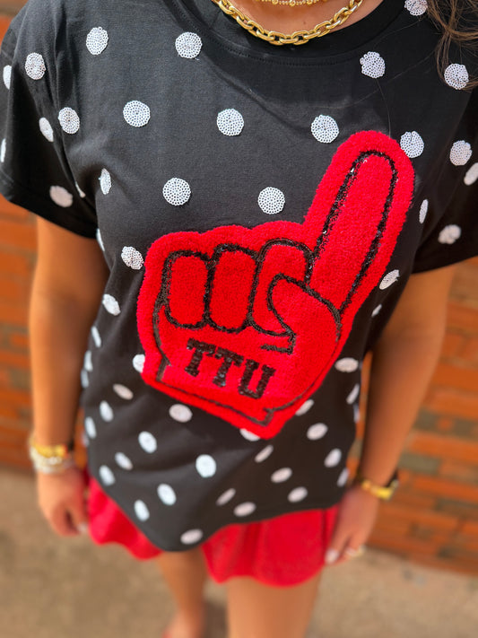 Queen of Sparkles Licensed Texas Tech Polka Dot Foam Finger Tee
