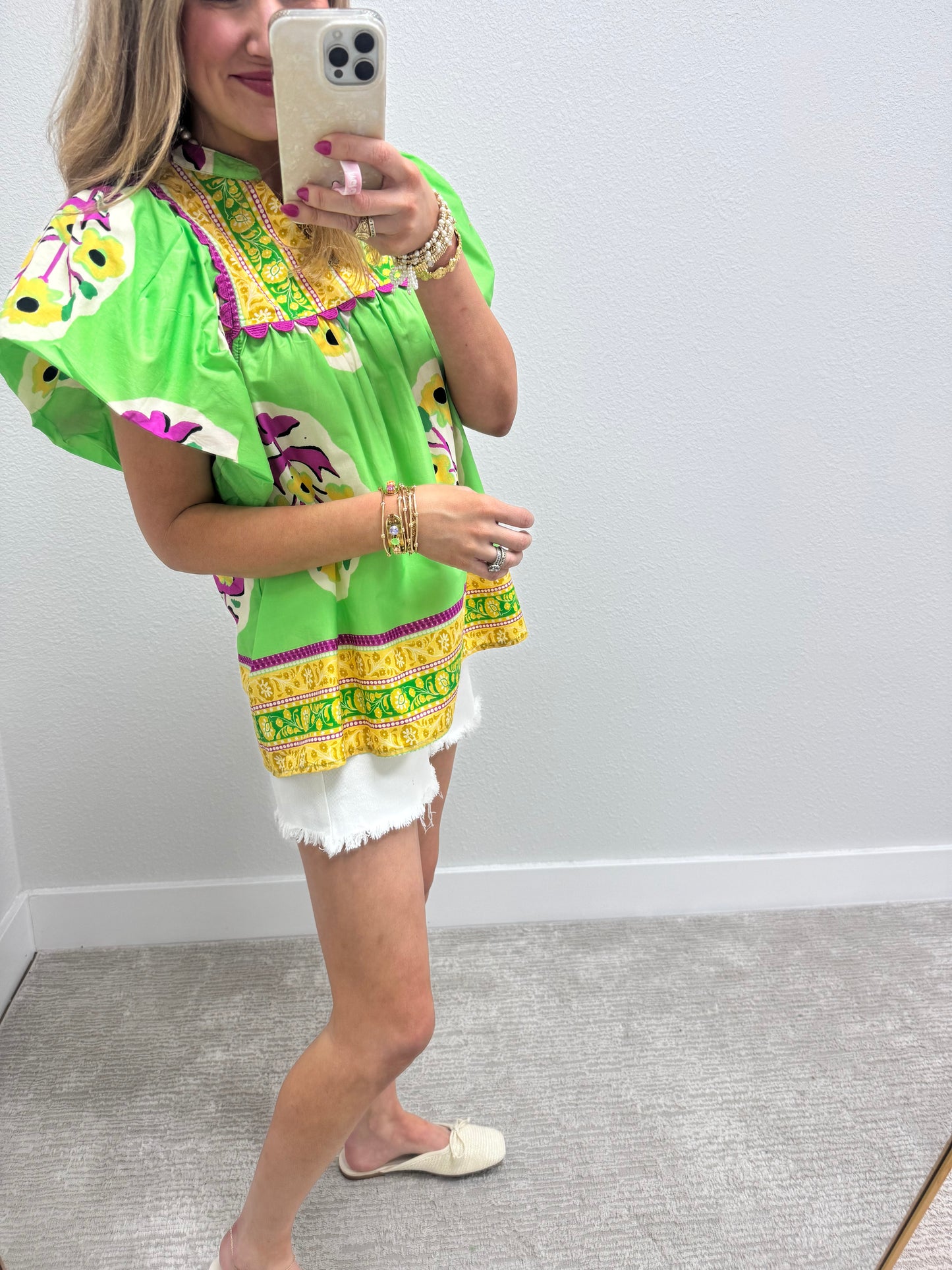 Green Apple Floral Border Embroidered Top