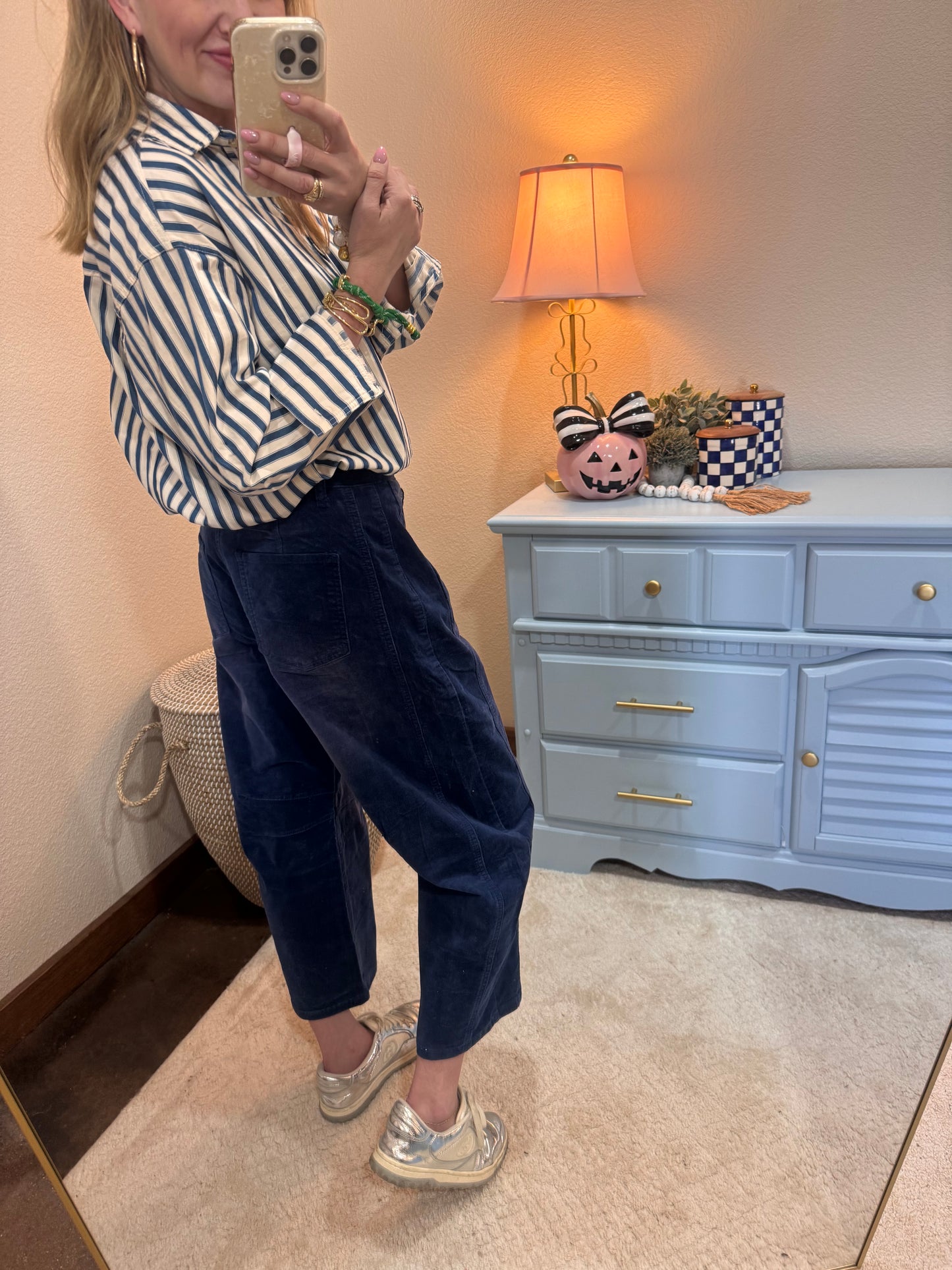 Navy Blue Corduroy Barrel Jeans