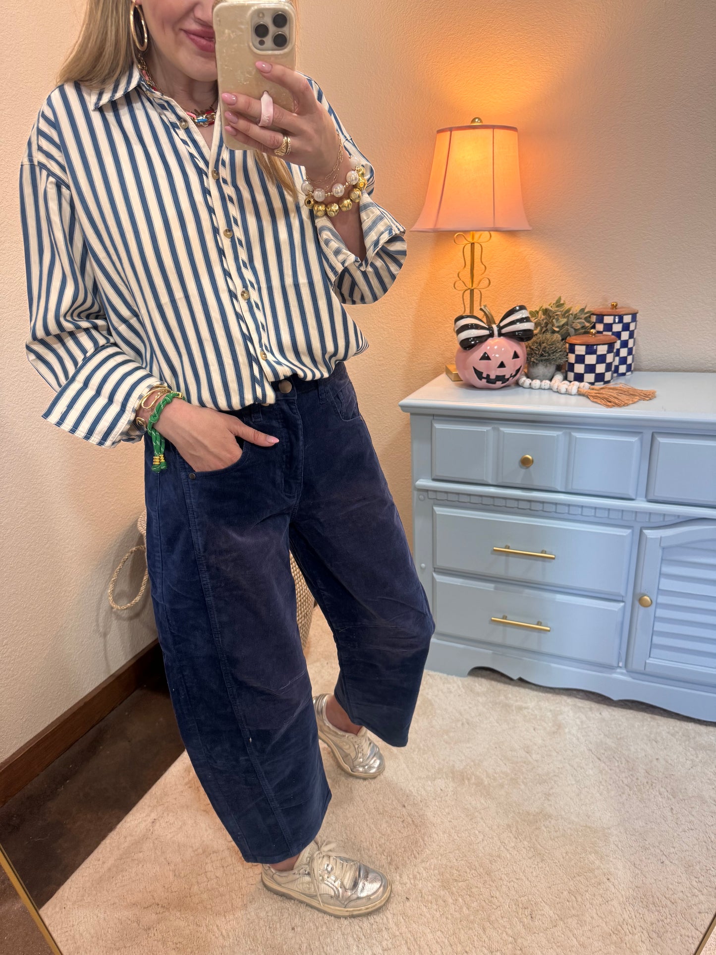 Navy Blue Corduroy Barrel Jeans