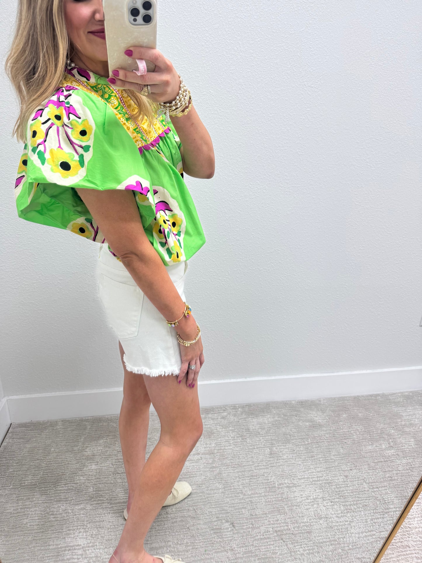Green Apple Floral Border Embroidered Top