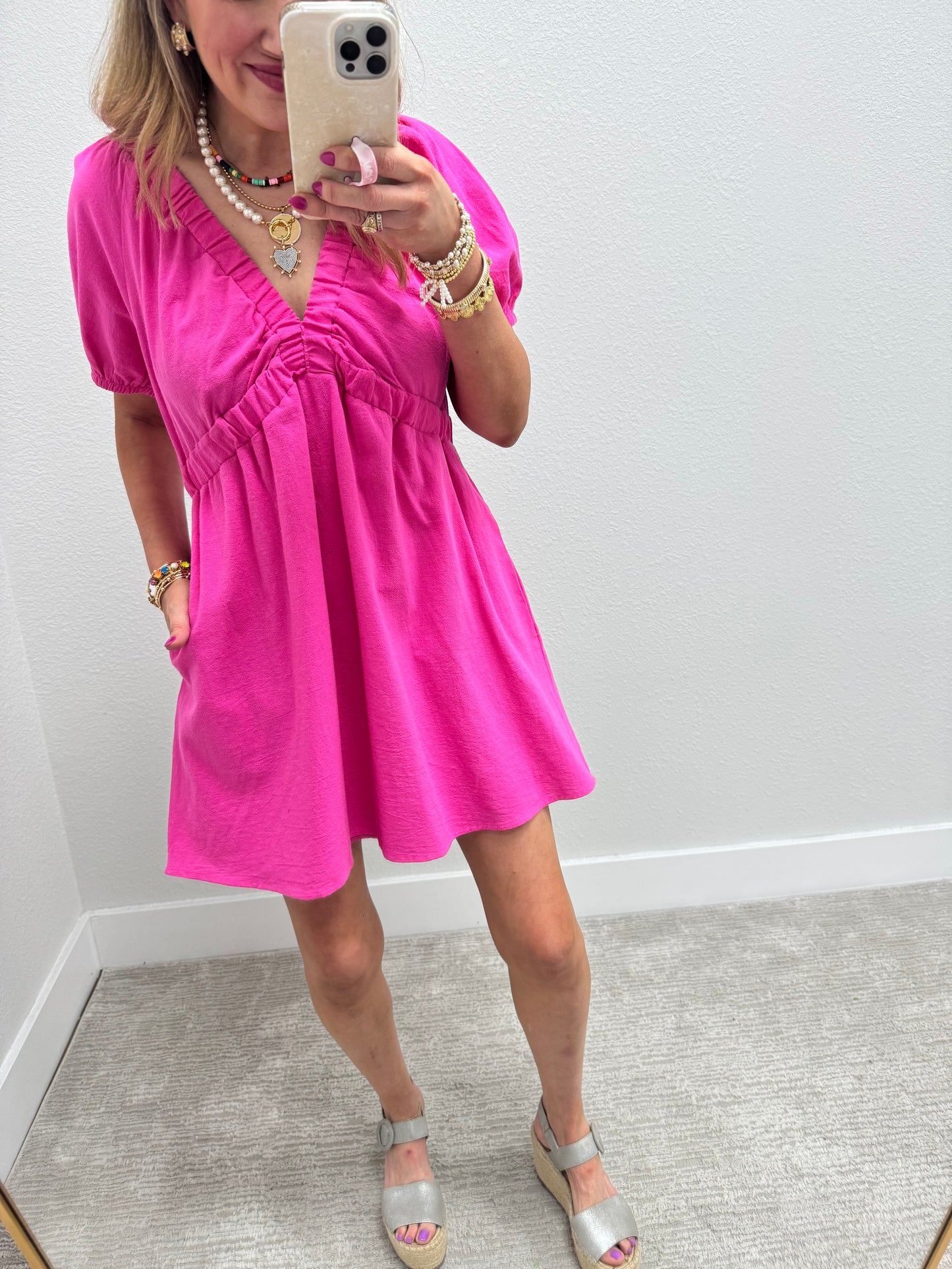 Pink Elastic Top V Neck Pocket Dress