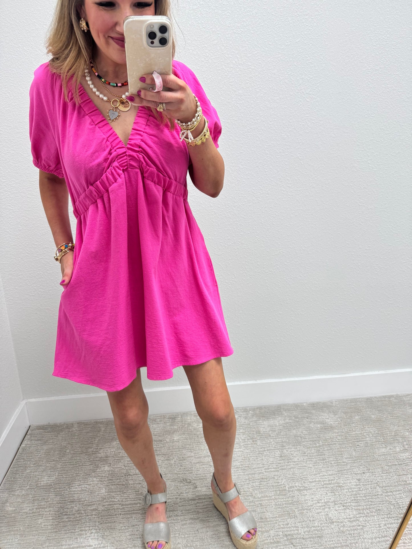 Pink Elastic Top V Neck Pocket Dress