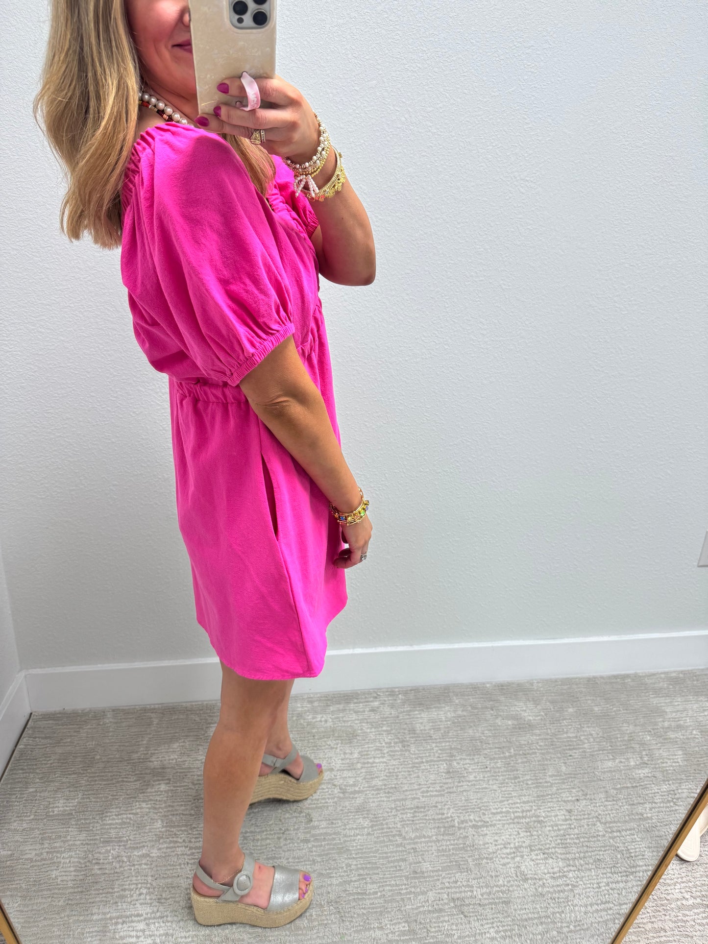 Pink Elastic Top V Neck Pocket Dress