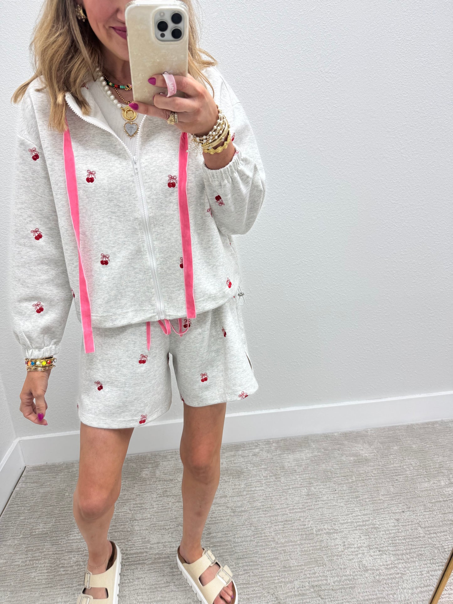 Scuba Gray Cherry Embroidered Zip up Hoodie Set