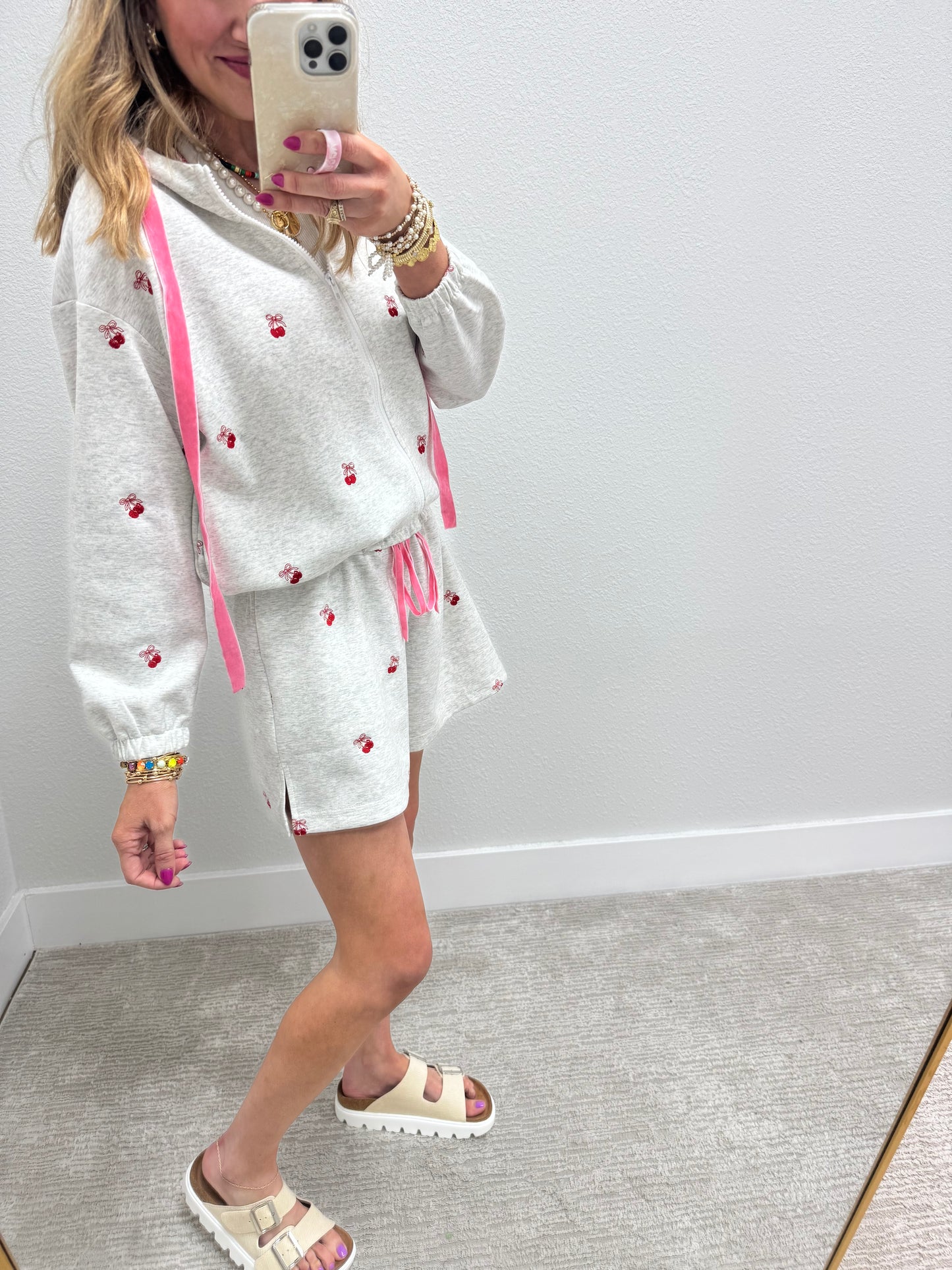 Scuba Gray Cherry Embroidered Zip up Hoodie Set