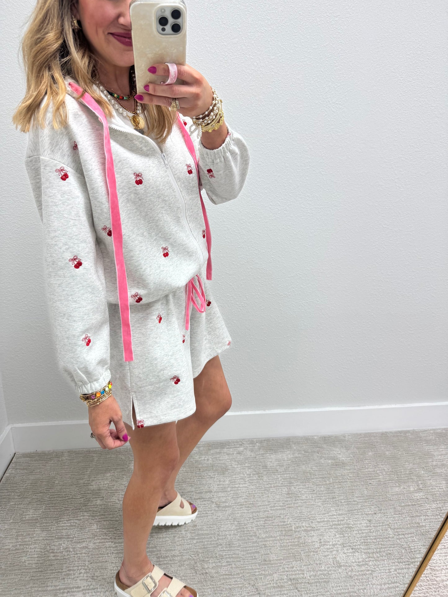 Scuba Gray Cherry Embroidered Zip up Hoodie Set