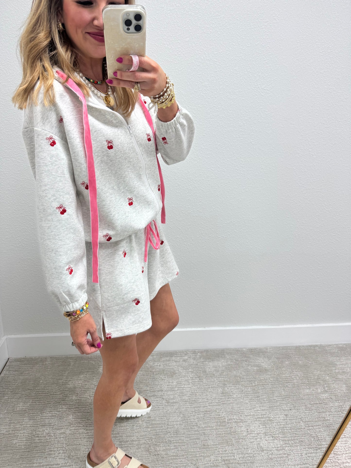 Scuba Gray Cherry Embroidered Zip up Hoodie Set