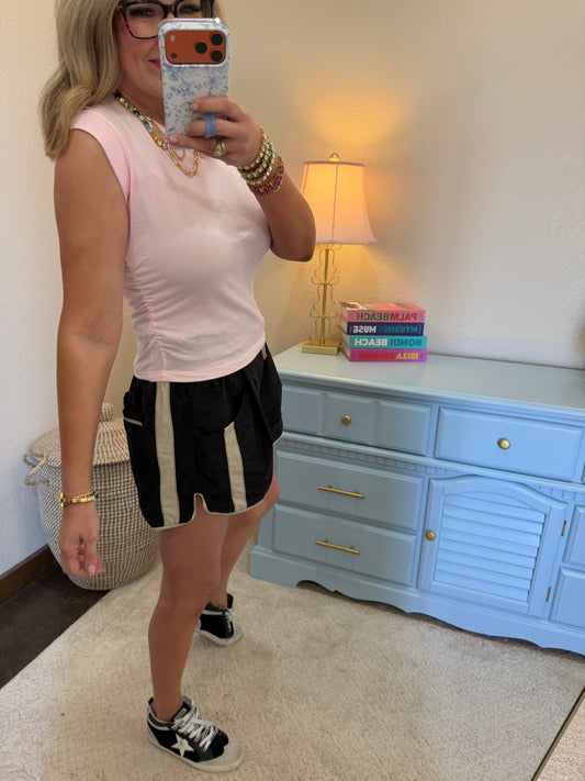 Soft Pink Ruched Waist Sleeveless Cap Sleeve Top