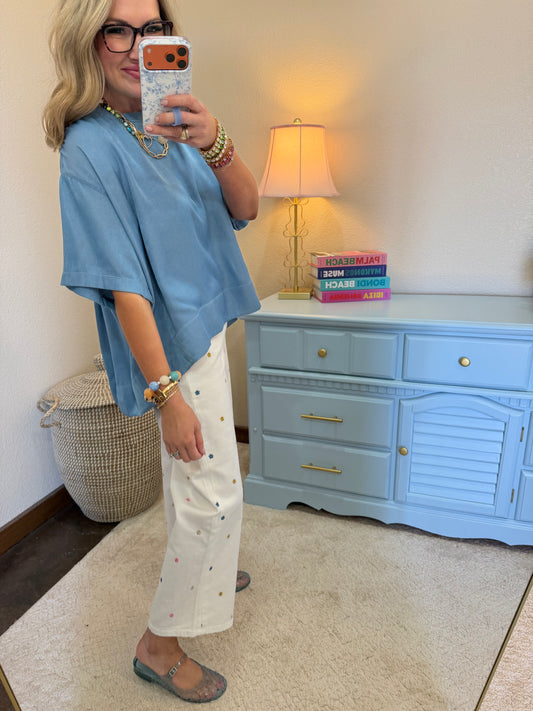 Denim Blue Round Neck Band Oversize Shirts