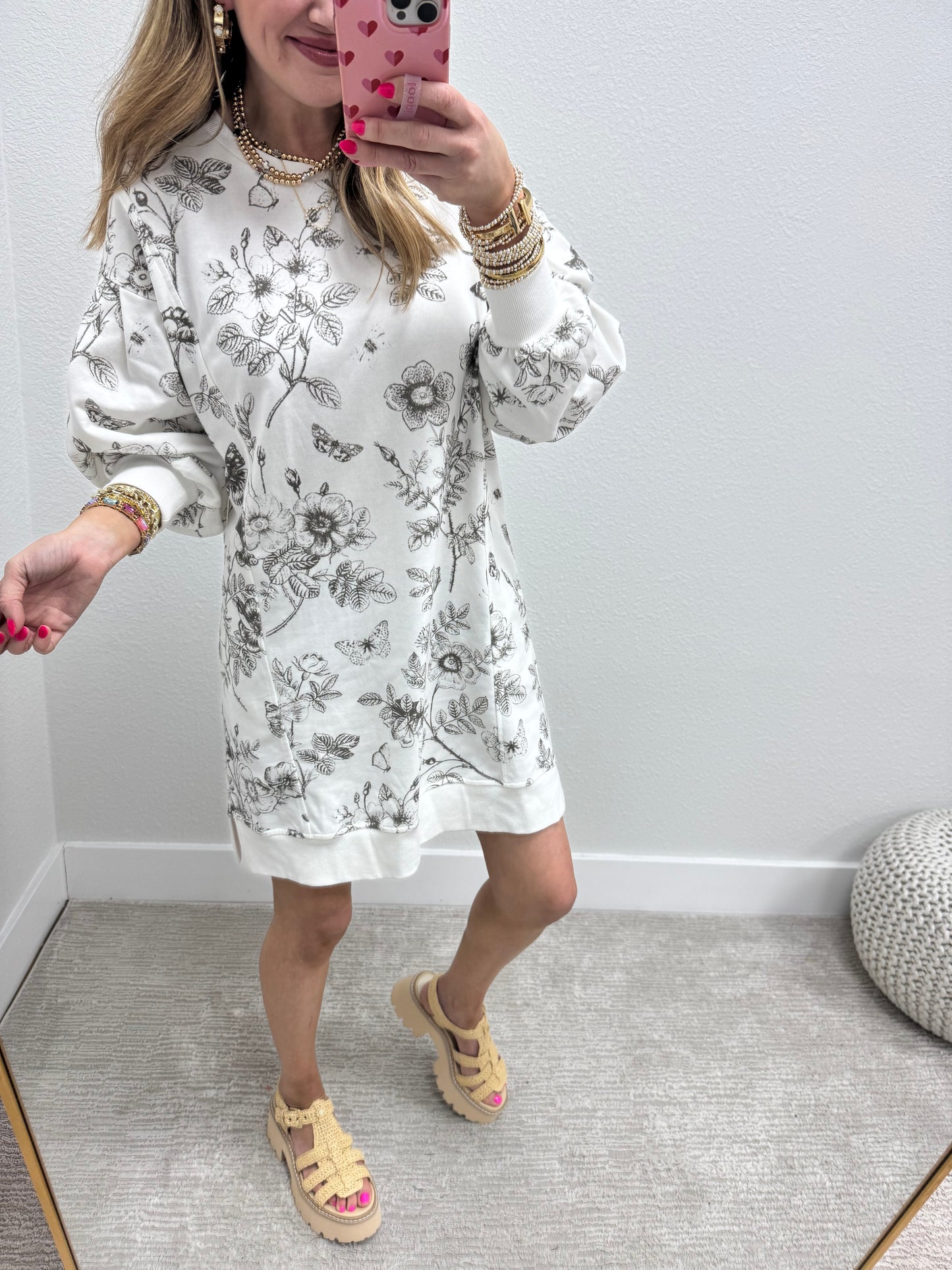 Ivory Butterfly Printed French Terry Long Sleeve Dress FS