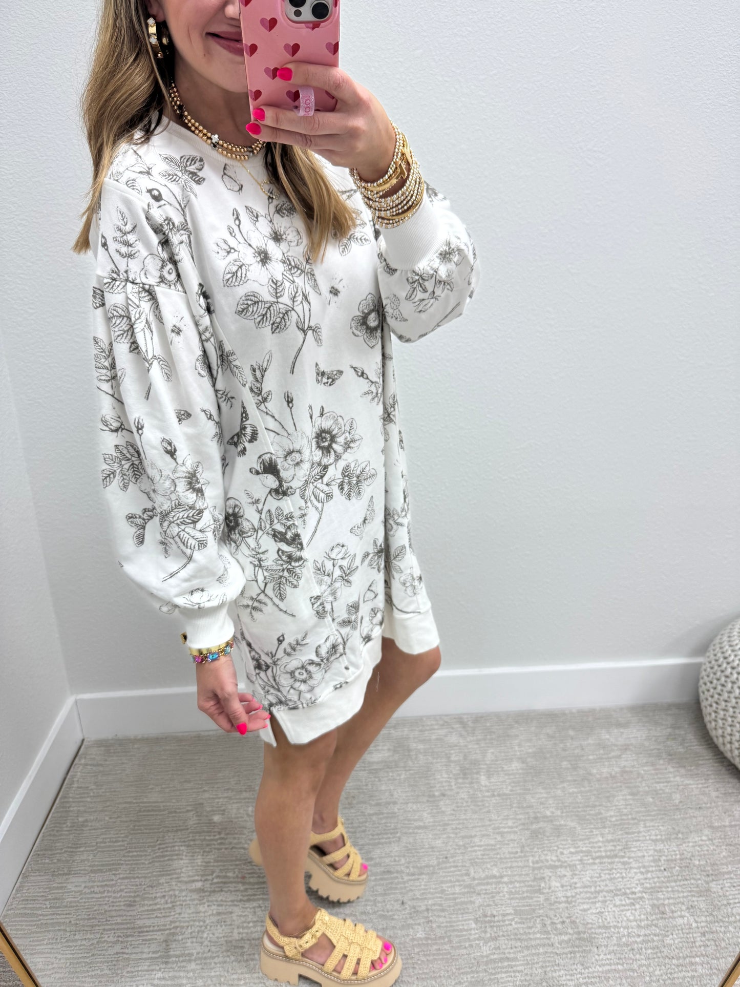 Ivory Butterfly Printed French Terry Long Sleeve Dress FS