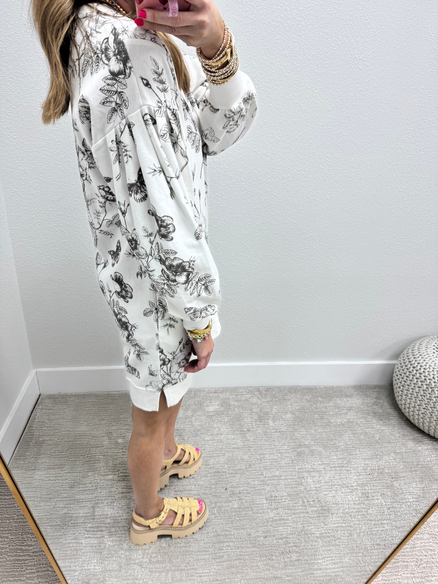 Ivory Butterfly Printed French Terry Long Sleeve Dress FS