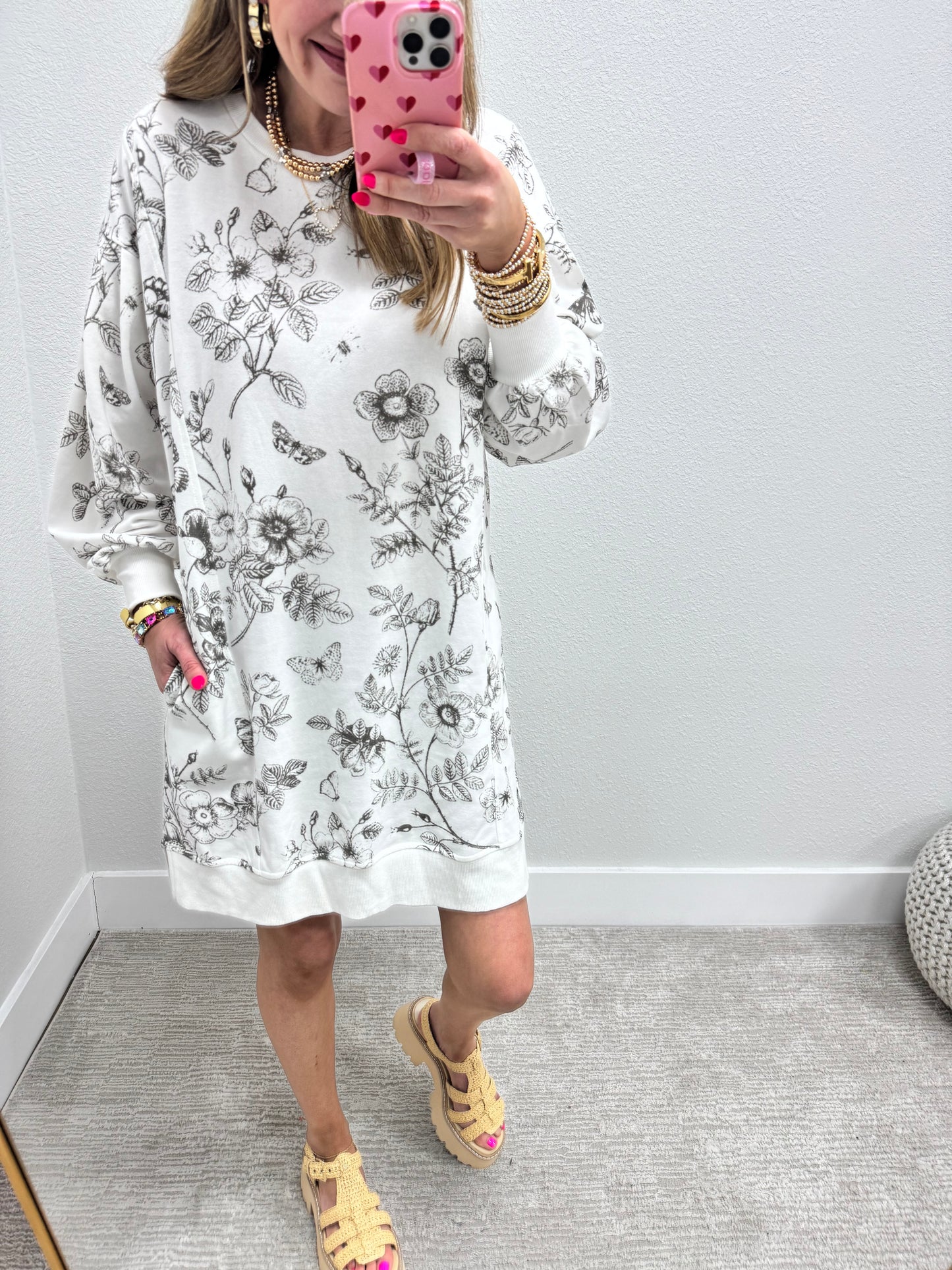 Ivory Butterfly Printed French Terry Long Sleeve Dress FS