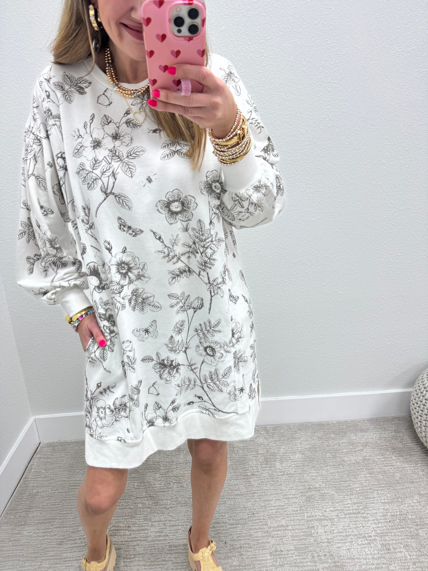 Ivory Butterfly Printed French Terry Long Sleeve Dress FS