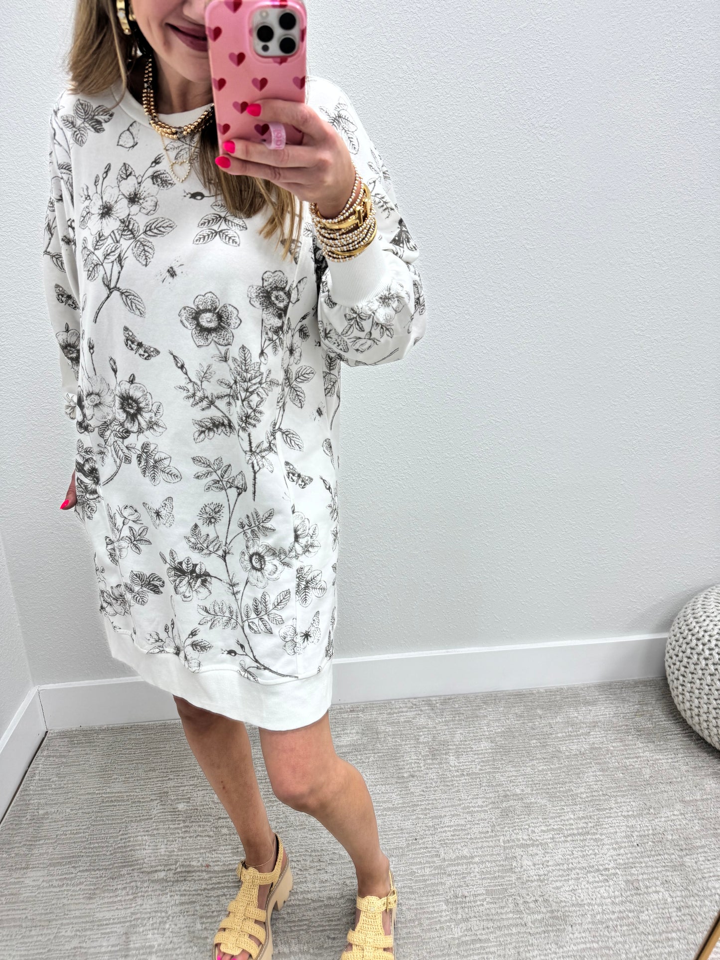 Ivory Butterfly Printed French Terry Long Sleeve Dress FS