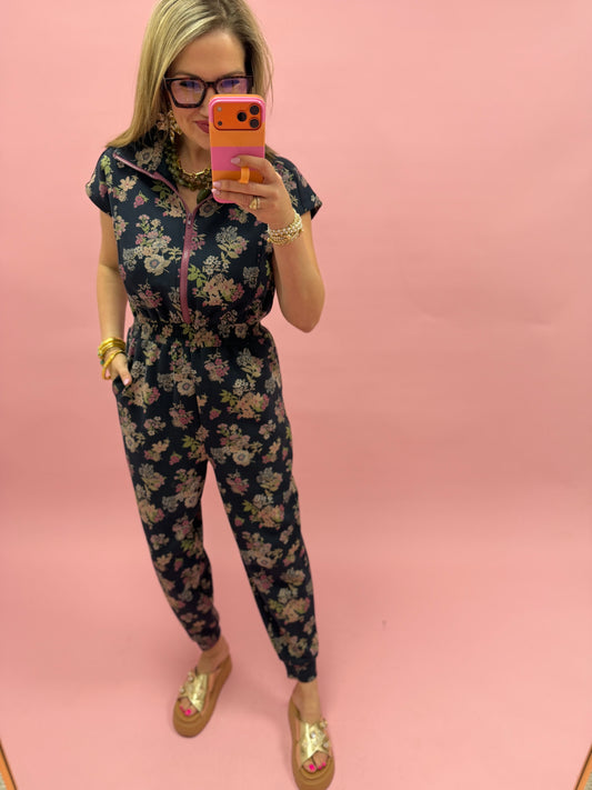 Navy Printed Scuba Zipper Jumpsuit