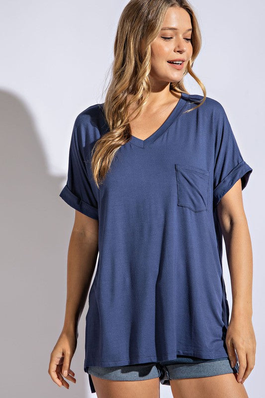 Blue Vneck Basic Hem Top