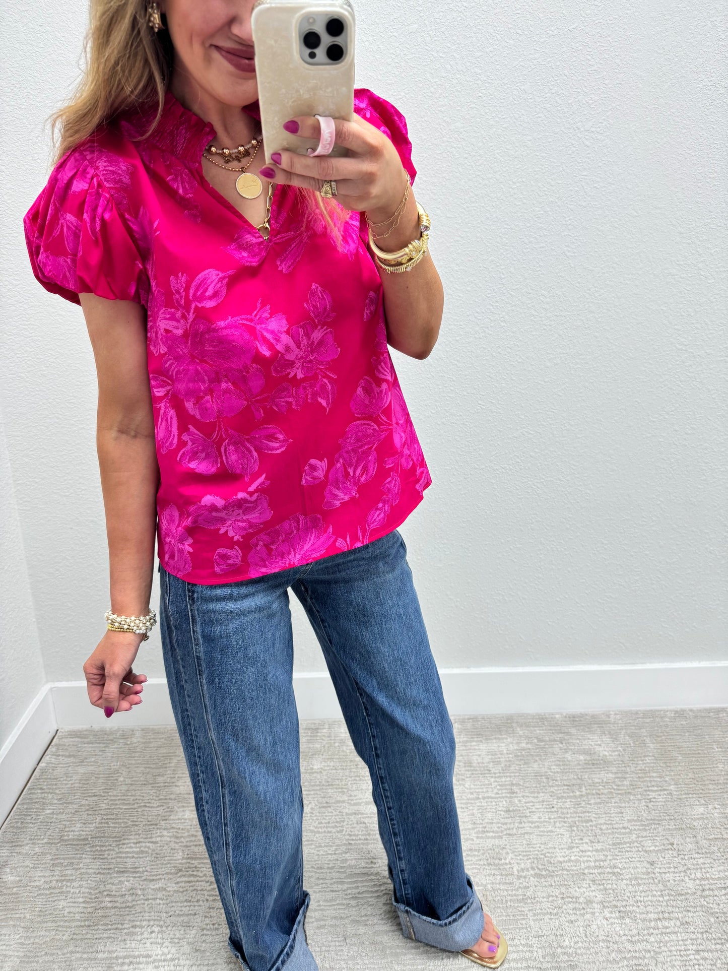 Fuchsia Floral High Neck Blouse
