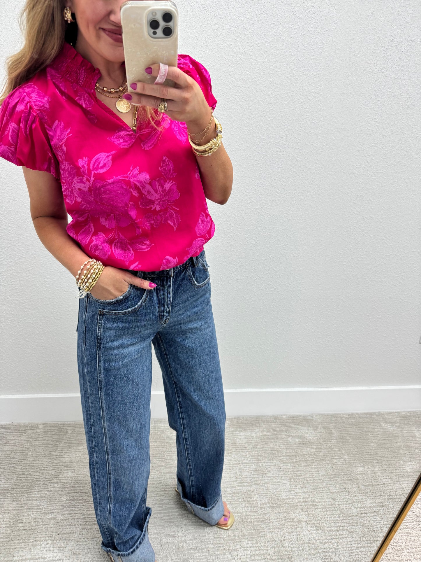 Fuchsia Floral High Neck Blouse