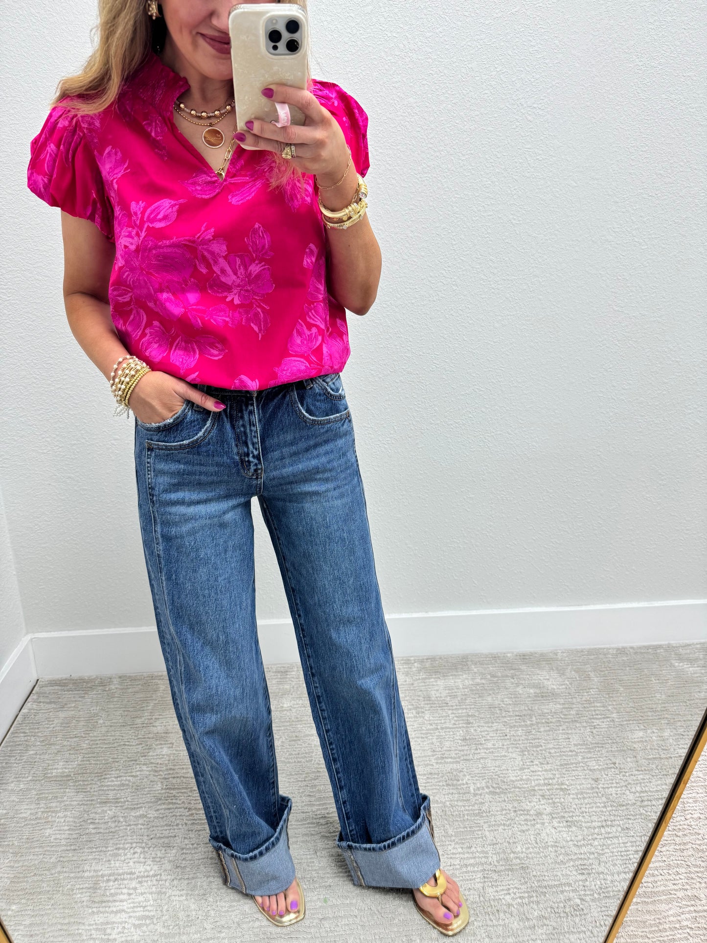 Fuchsia Floral High Neck Blouse