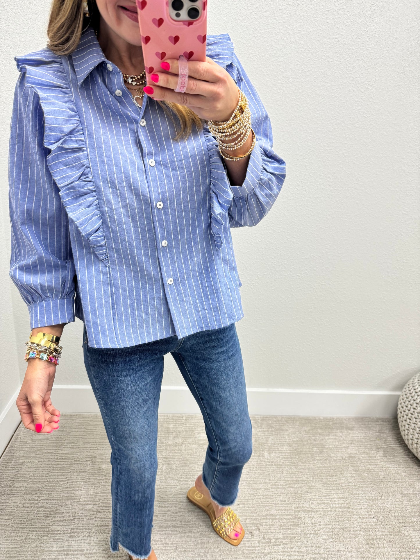 Blue Pinstripe Button Up with Ruffle Detail