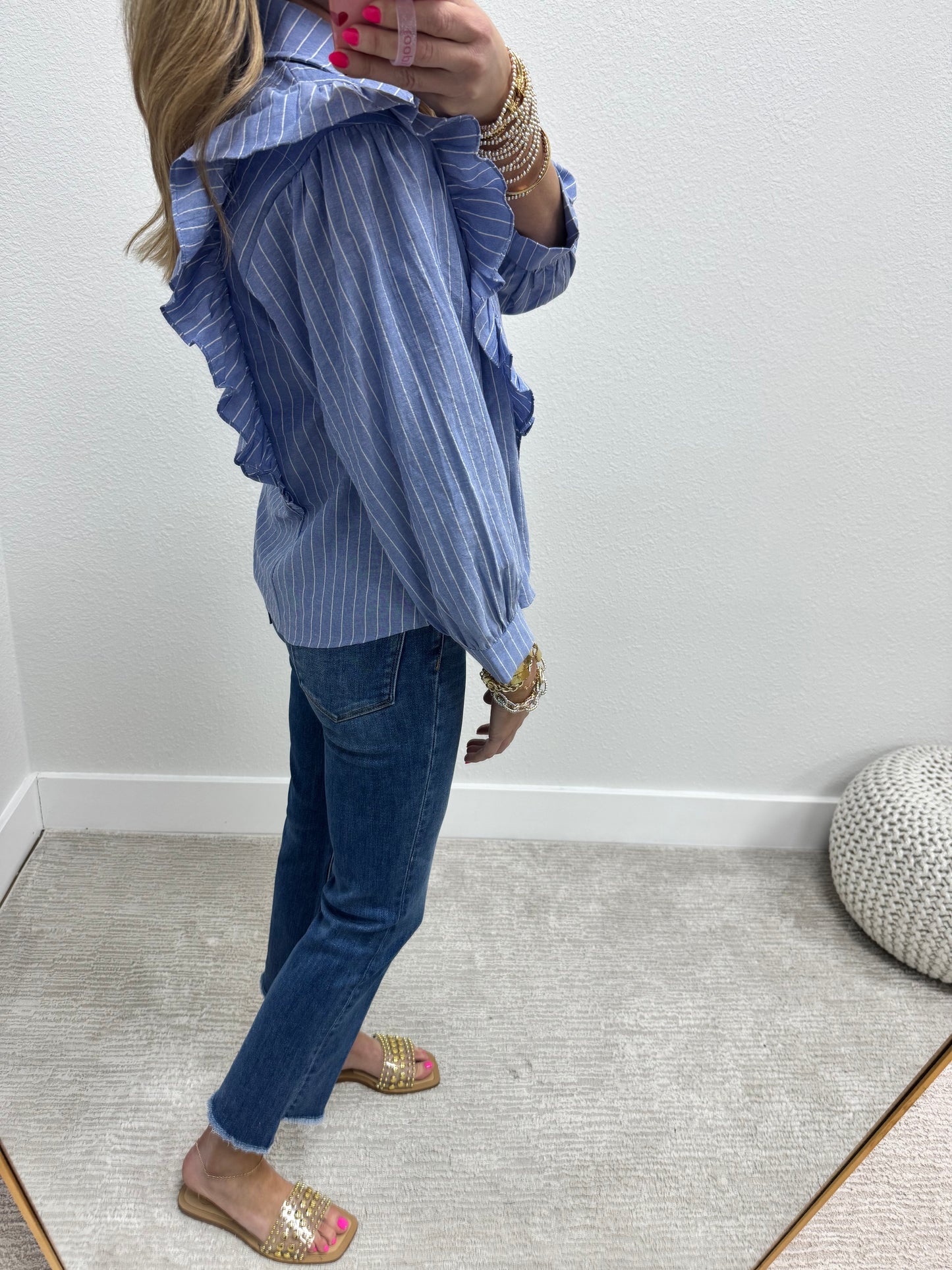Blue Pinstripe Button Up with Ruffle Detail
