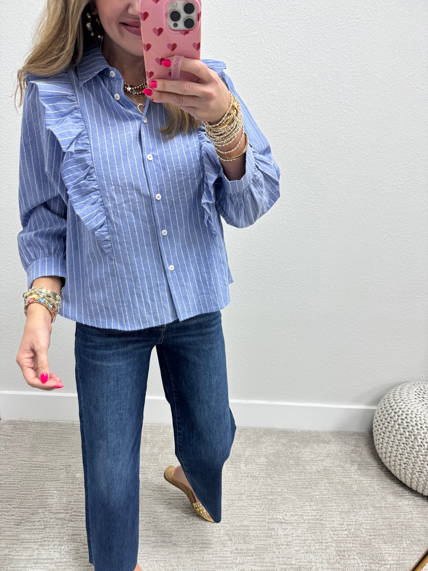 Blue Pinstripe Button Up with Ruffle Detail