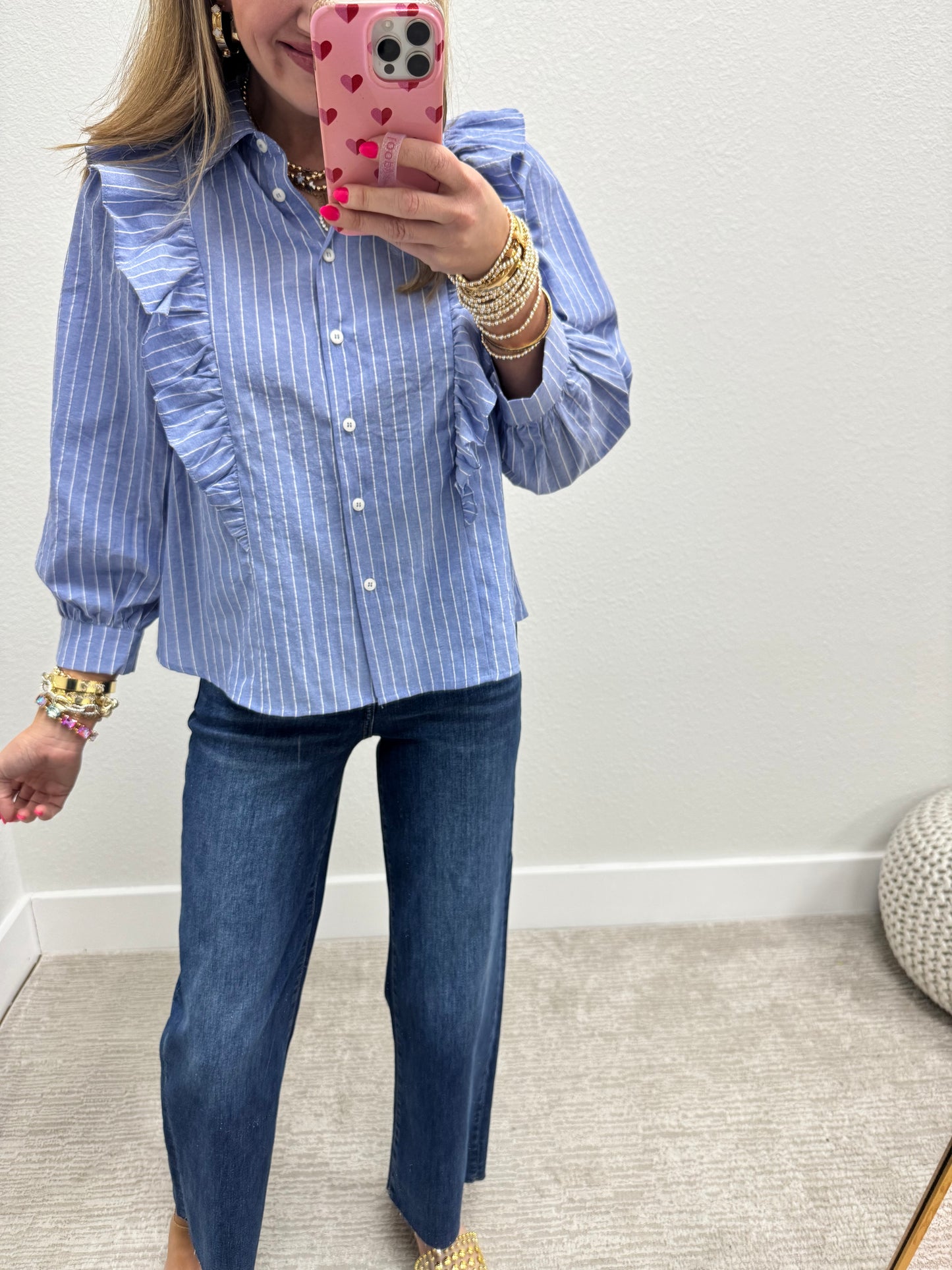 Blue Pinstripe Button Up with Ruffle Detail