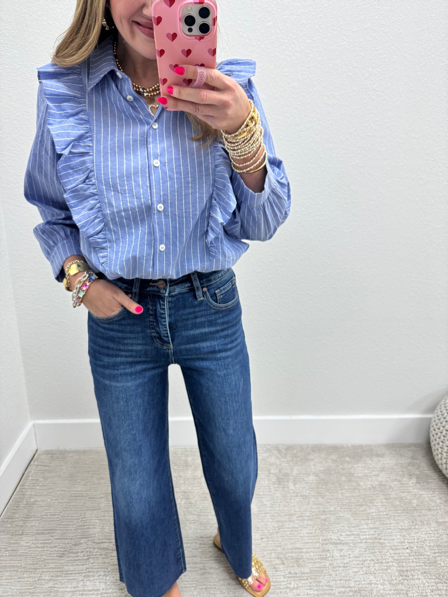 Blue Pinstripe Button Up with Ruffle Detail