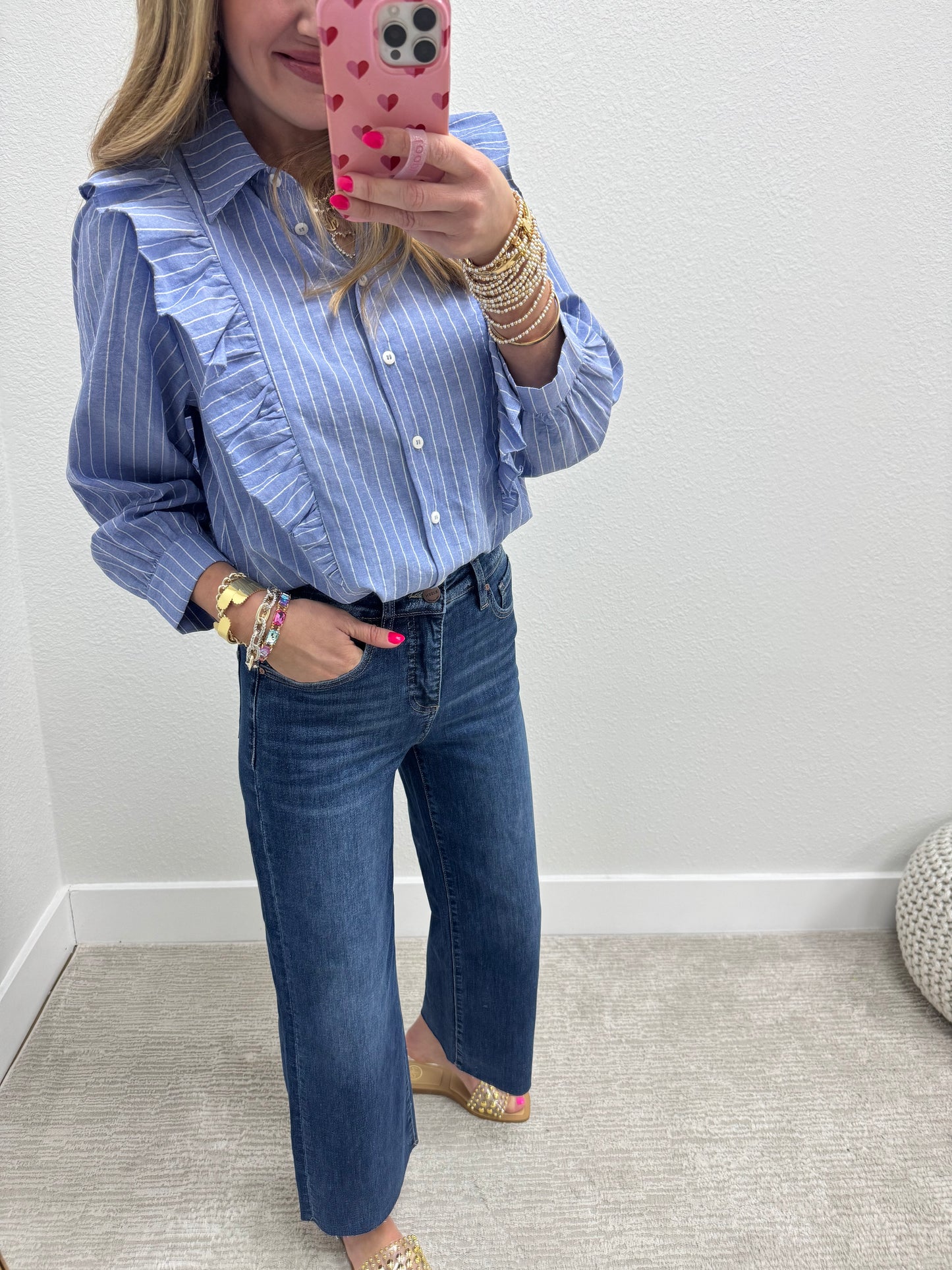 Blue Pinstripe Button Up with Ruffle Detail