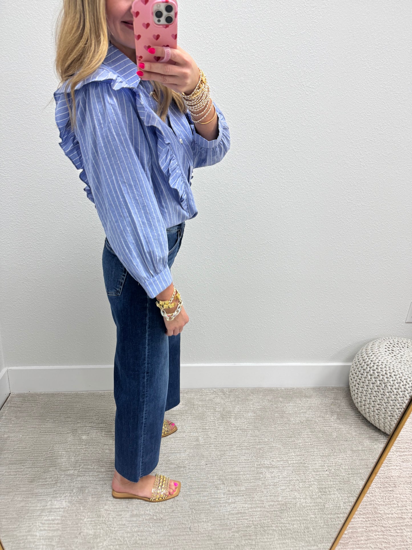 Blue Pinstripe Button Up with Ruffle Detail