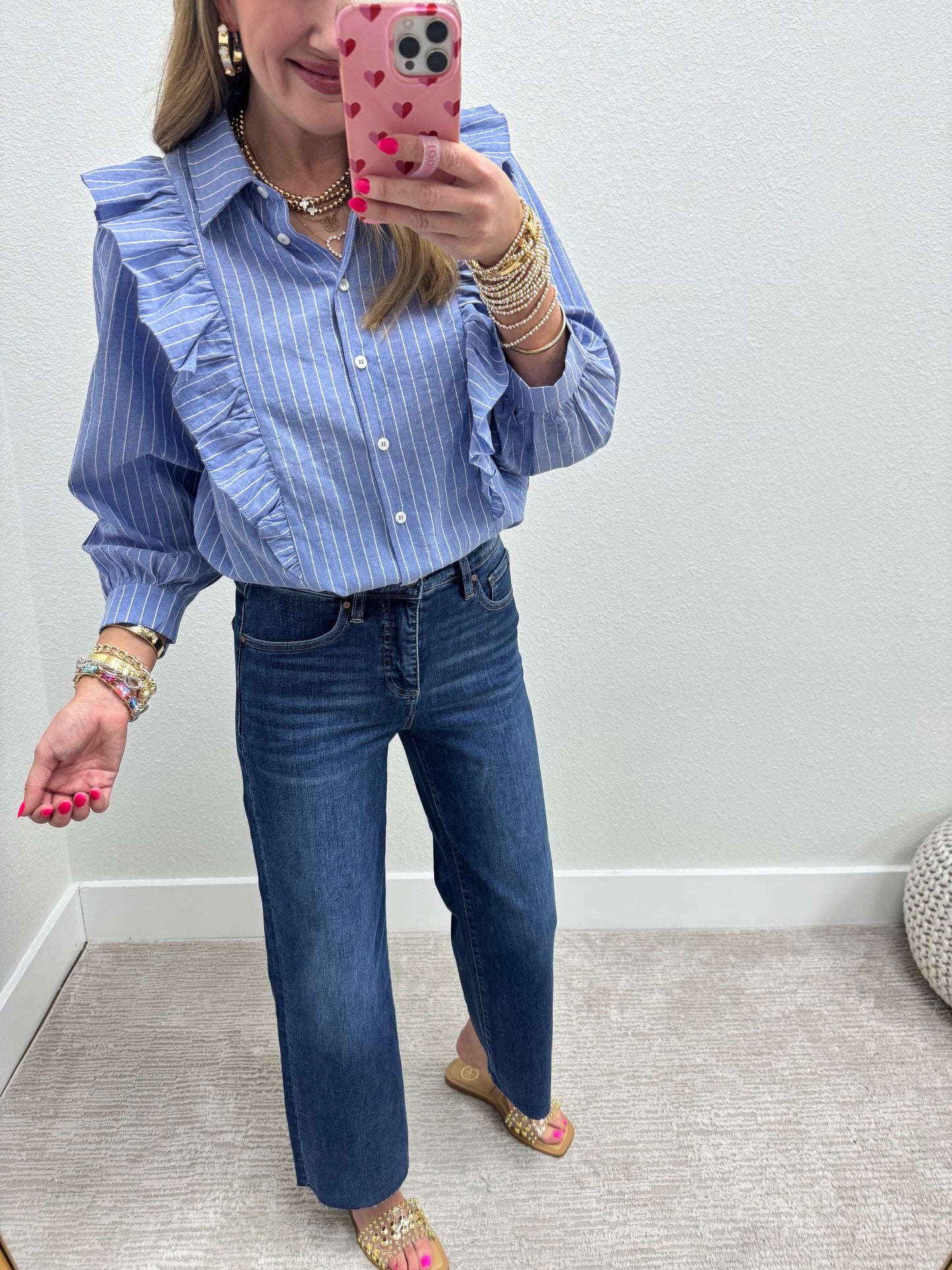 Blue Pinstripe Button Up with Ruffle Detail