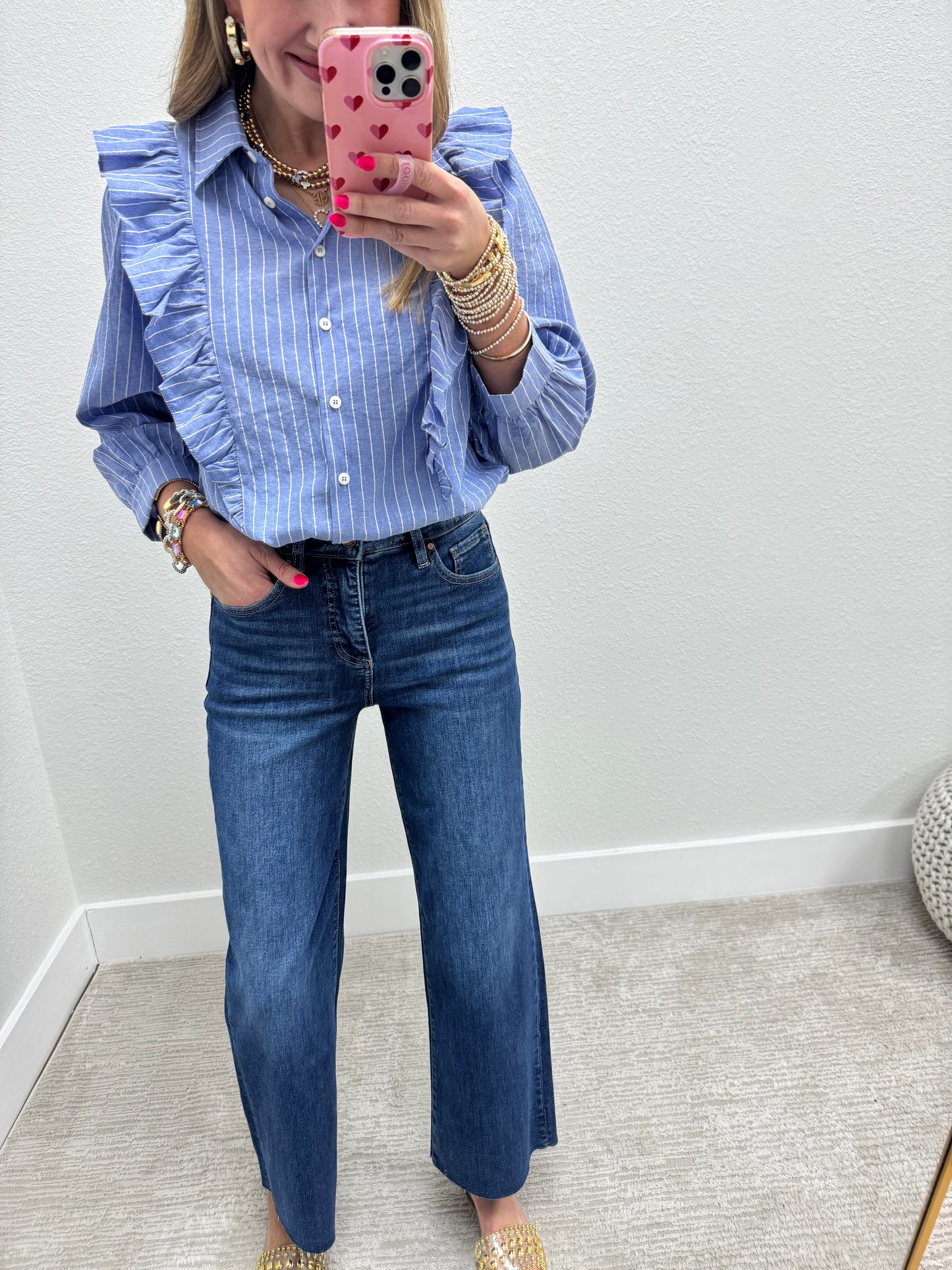 Blue Pinstripe Button Up with Ruffle Detail