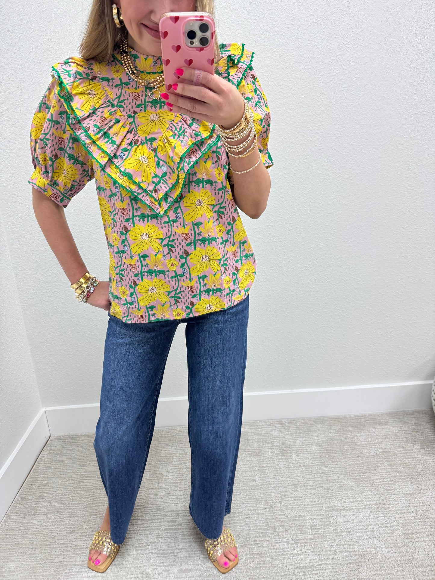 Pink Printed Ruffle Front Top