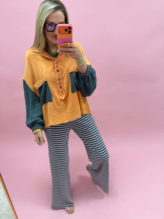 Navy Stripe Low Rise Striped Waffle Knit Pants