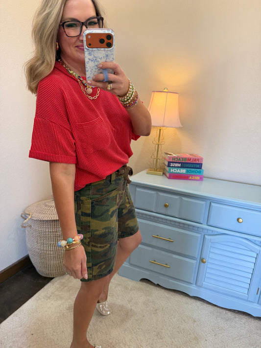 Red Raised Rib Short Sleeve Front Pocket Top