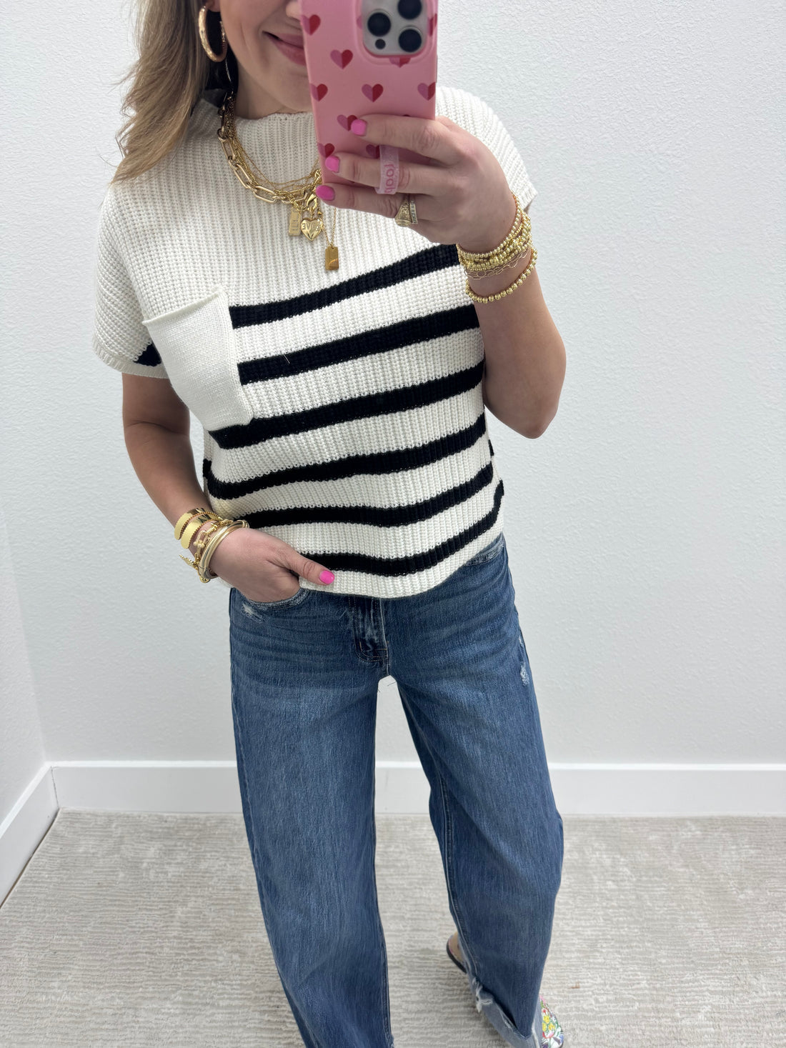 Ivory & Black Stripe Crop Short Sleeve Sweater Top