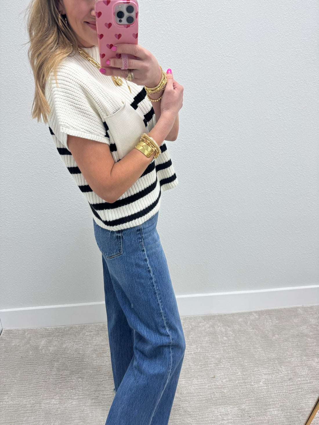Ivory & Black Stripe Crop Short Sleeve Sweater Top