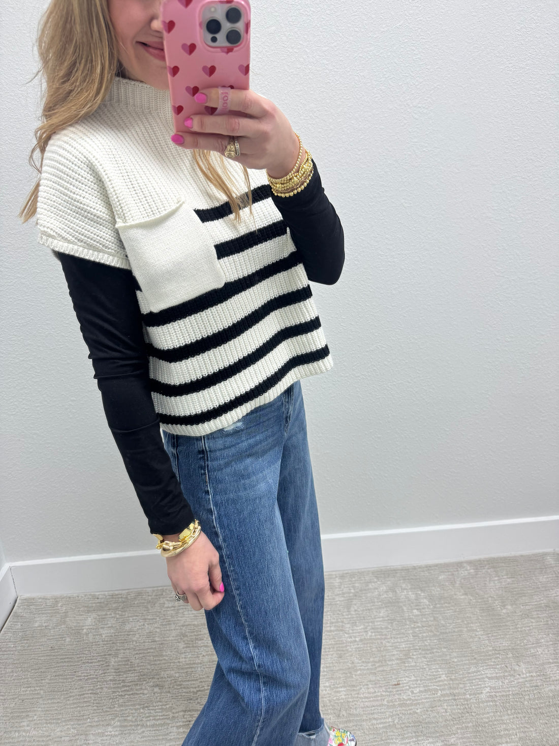 Ivory & Black Stripe Crop Short Sleeve Sweater Top
