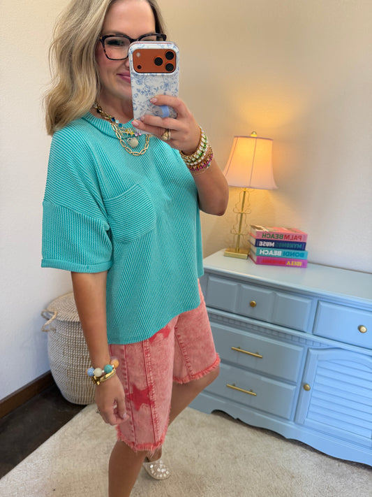 Turquoise Raised Rib Short Sleeve Front Pocket Top