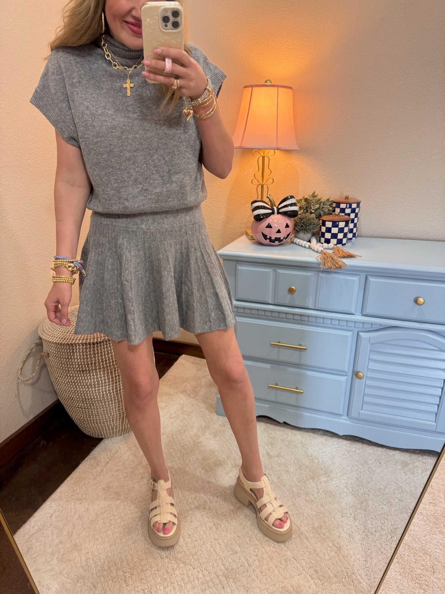 Gray Turtleneck Top and Pleated Skirt Set