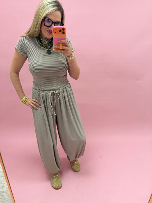 Brown & Cream Striped Knit Mock Neck Top with Drawstring Pants Set
