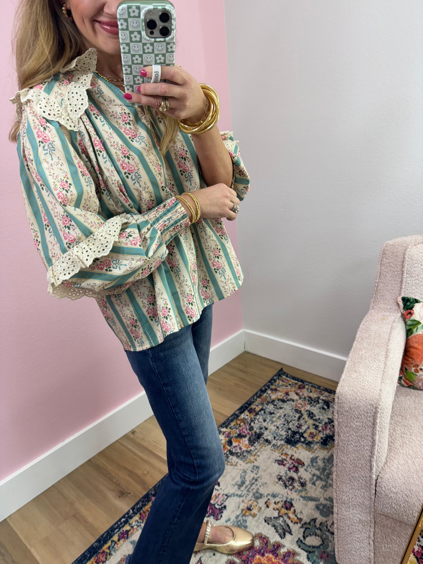 Turquoise and Cream Eyelet Neck Top