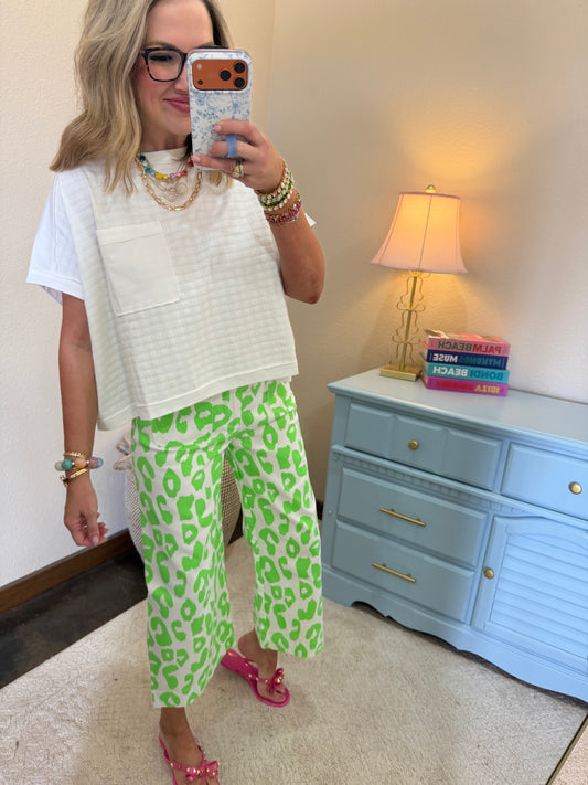 Green Neon Leopard Cropped Wide Leg Pants