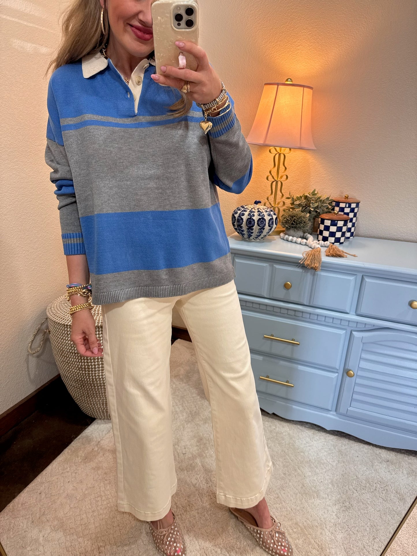 Heather Gray/Ocean Blue Contrasting Striped Sweater with Polo Collar
