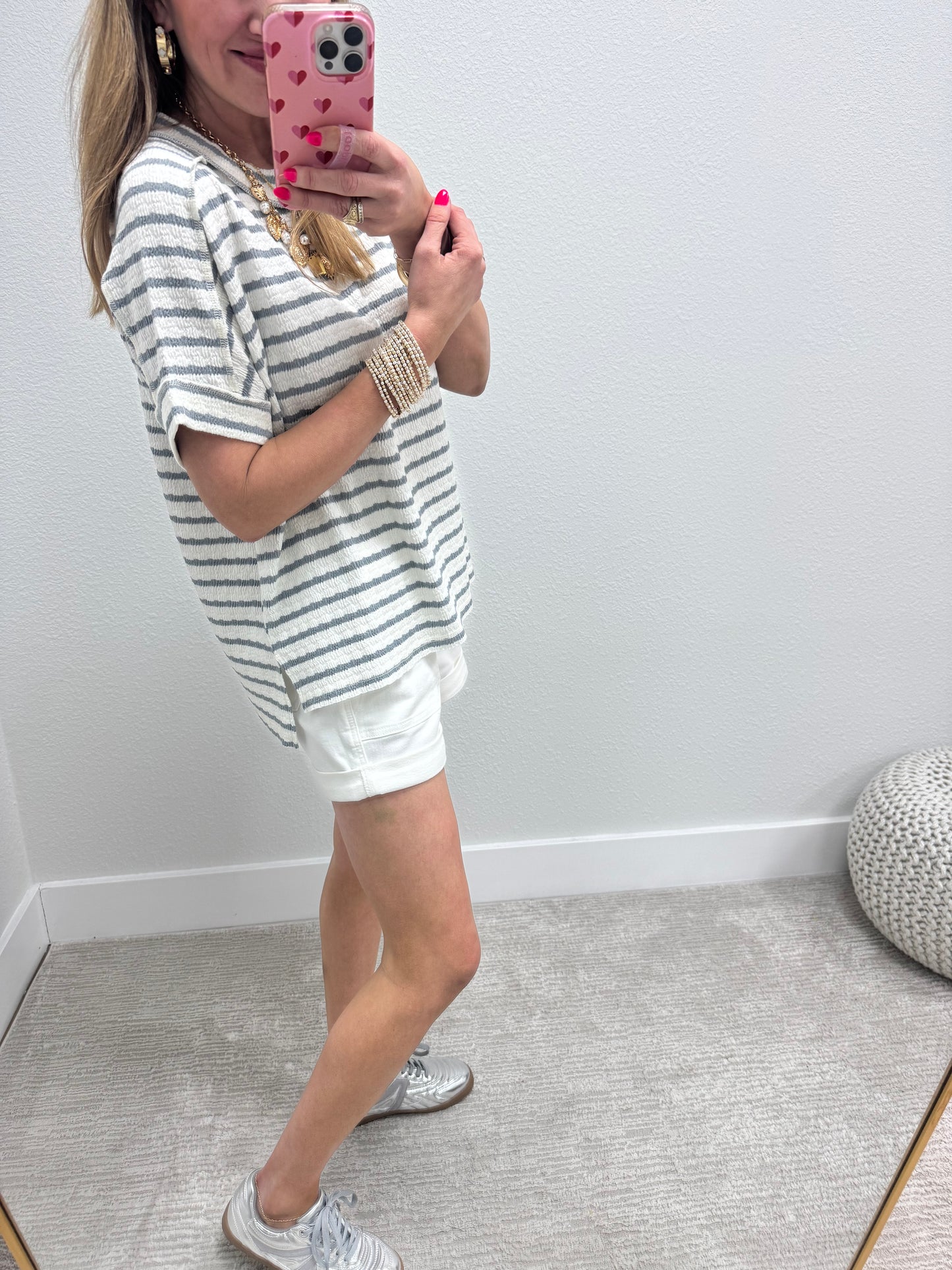 Blue Grey Stripe Jacquard Round Neck Box Tee FS