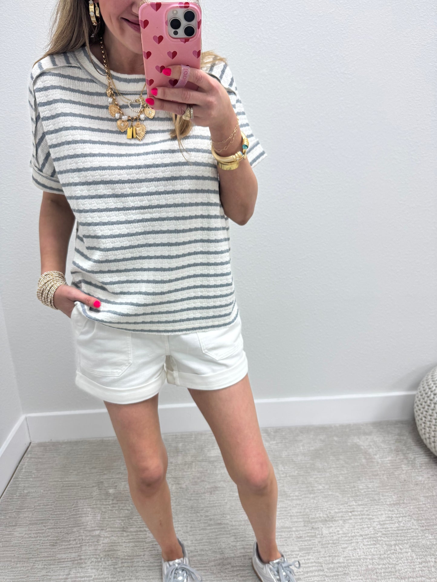 Blue Grey Stripe Jacquard Round Neck Box Tee